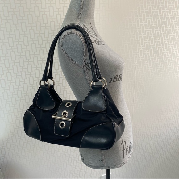 Prada Handbags - Prada Vintage Tessuto Nero Black Leather and Nylon Buckle Bag